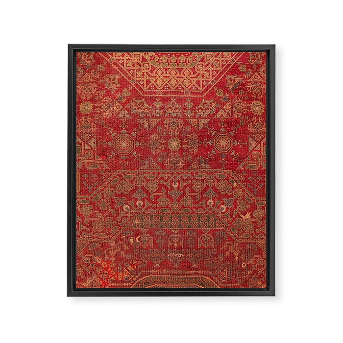 Bohemian Medallion II // 15th Century Old Distressed Red Green Colorful Ornate Accent Rug Pattern Framed Canvas Print Gallery Image 1