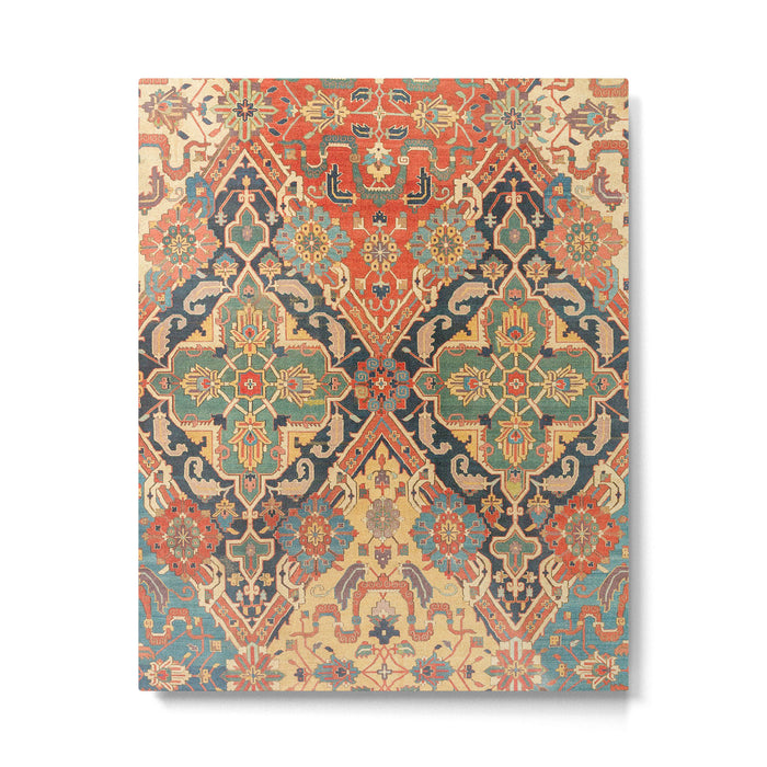 Geometric Leaves VIII // 18th Century Distressed Red Blue Green Colorful Ornate Accent Rug Pattern Metal Print Gallery Image 1