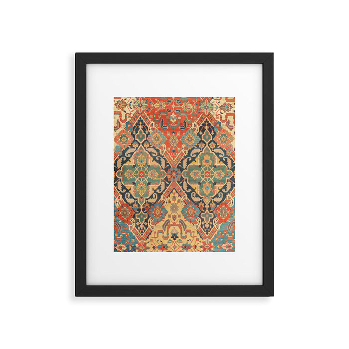 Geometric Leaves VIII // 18th Century Distressed Red Blue Green Colorful Ornate Accent Rug Pattern Framed Art Print Gallery Image 1