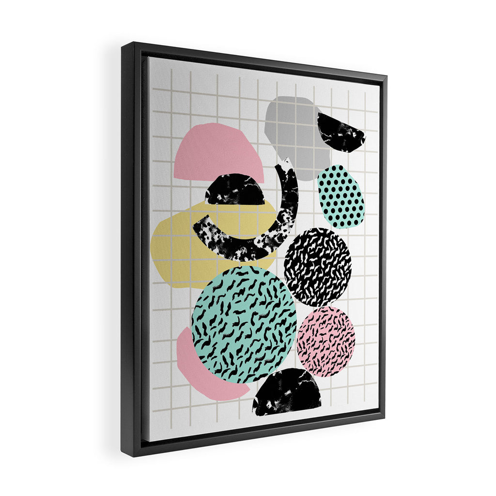 Amped - retro memphis throwback 80s style grid dots painting cut paper Framed Canvas Print Gallery Image 2
