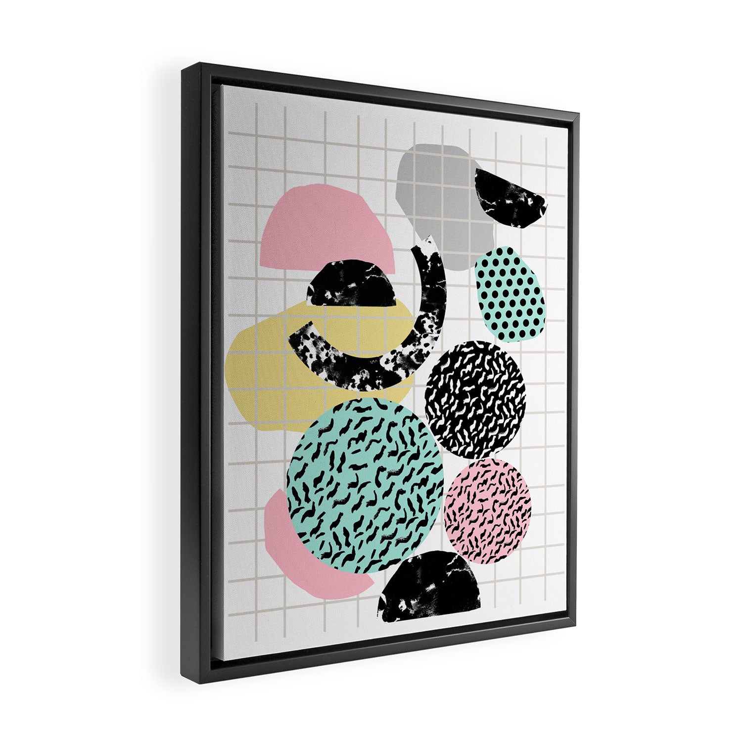 Amped - retro memphis throwback 80s style grid dots painting cut paper Framed Canvas Print Gallery Image 2