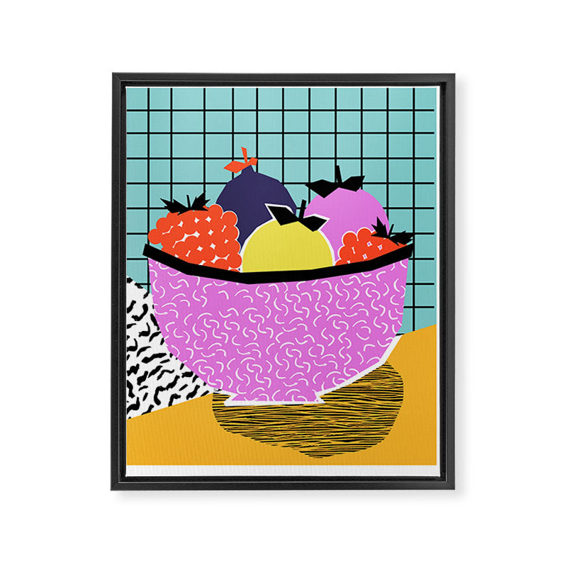 Crucial - modern pop art throwback neon miami memphis design geometric grid fruit food art print Framed Canvas Print Gallery Image 6
