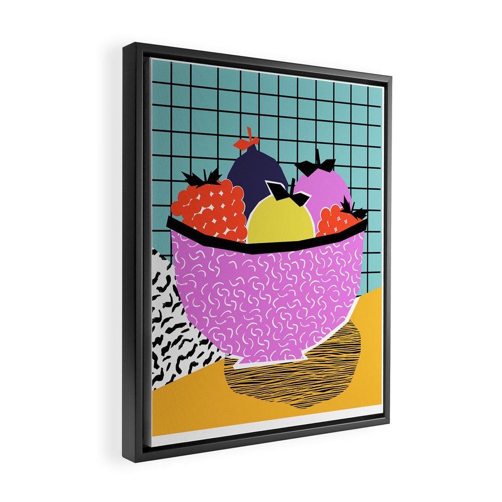 Crucial - modern pop art throwback neon miami memphis design geometric grid fruit food art print Framed Canvas Print Gallery Image 2