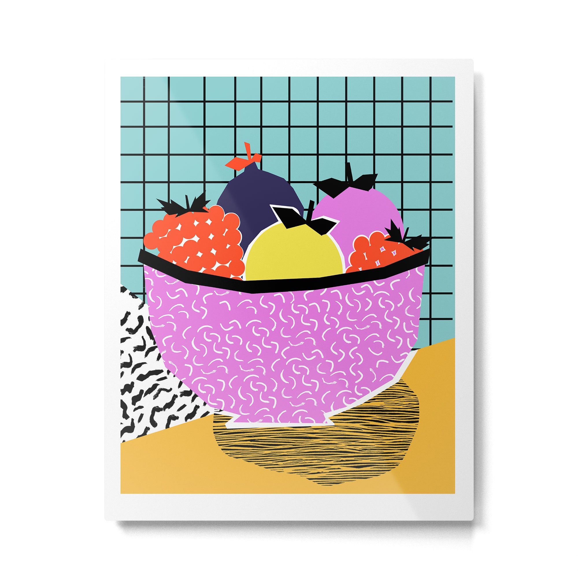 Crucial - modern pop art throwback neon miami memphis design geometric grid fruit food art print Metal Print Gallery Image 4