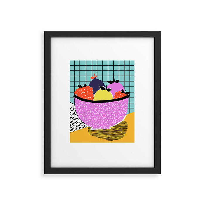 Crucial - modern pop art throwback neon miami memphis design geometric grid fruit food art print Framed Art Print Gallery Image 1
