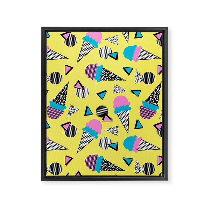 Cruncher - memphis throwback ice cream cone desert 1980s 80s style retro geometric neon pop art Framed Canvas Print Gallery Image 1
