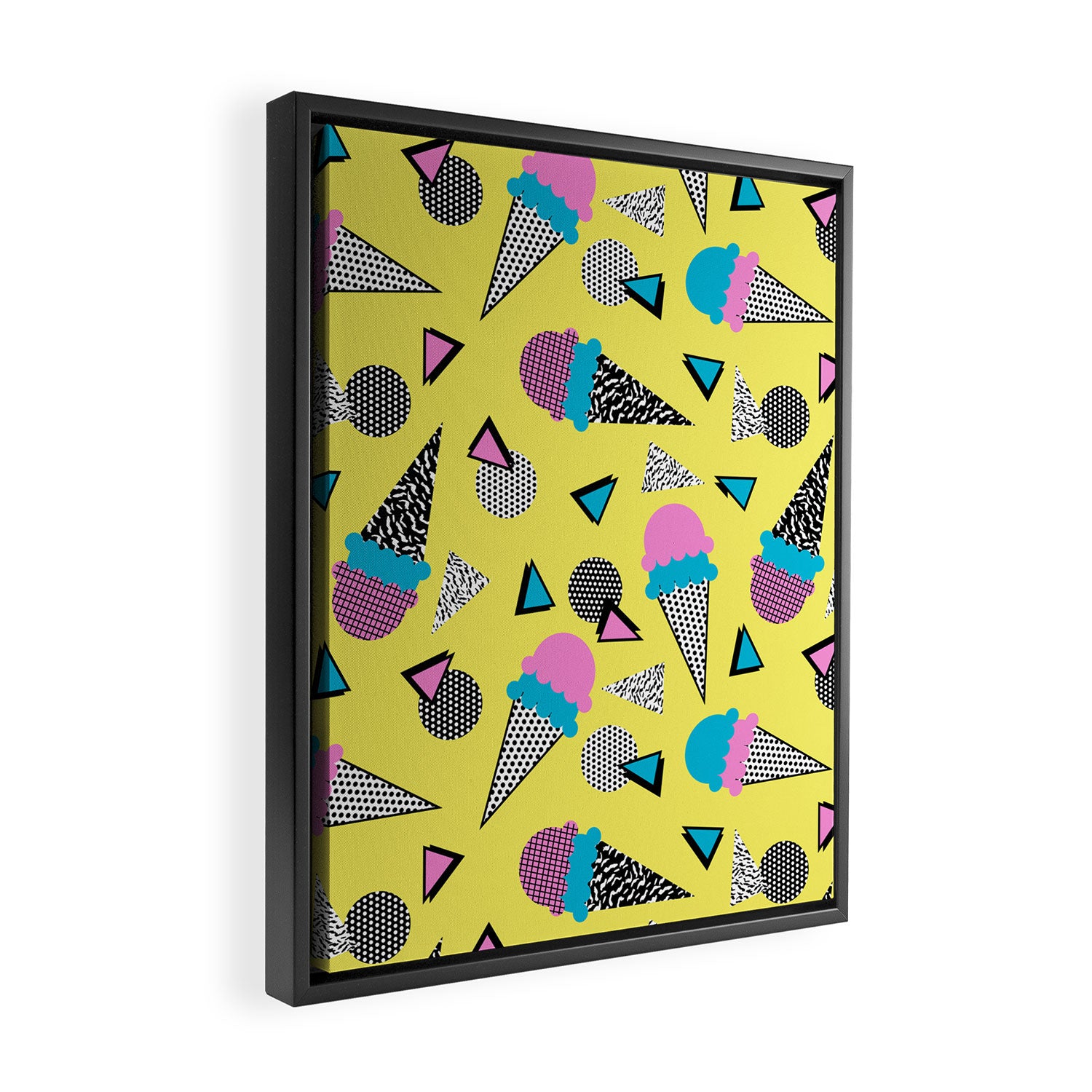 Cruncher - memphis throwback ice cream cone desert 1980s 80s style retro geometric neon pop art Framed Canvas Print Gallery Image 2