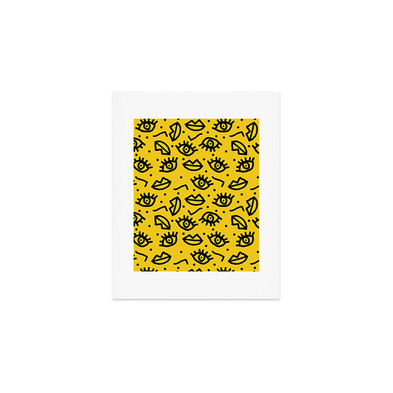Face Time - retro throwback minimal pattern eyes faces 1980s 80s vintage memphis drawing monochrome Art Print Gallery Image 1