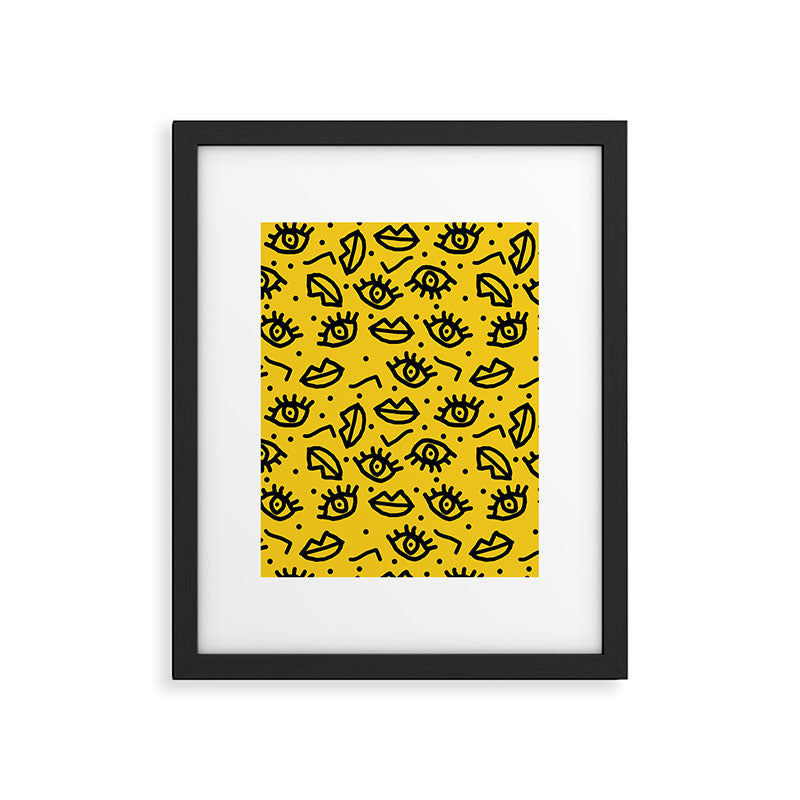 Face Time - retro throwback minimal pattern eyes faces 1980s 80s vintage memphis drawing monochrome Framed Art Print Gallery Image 4