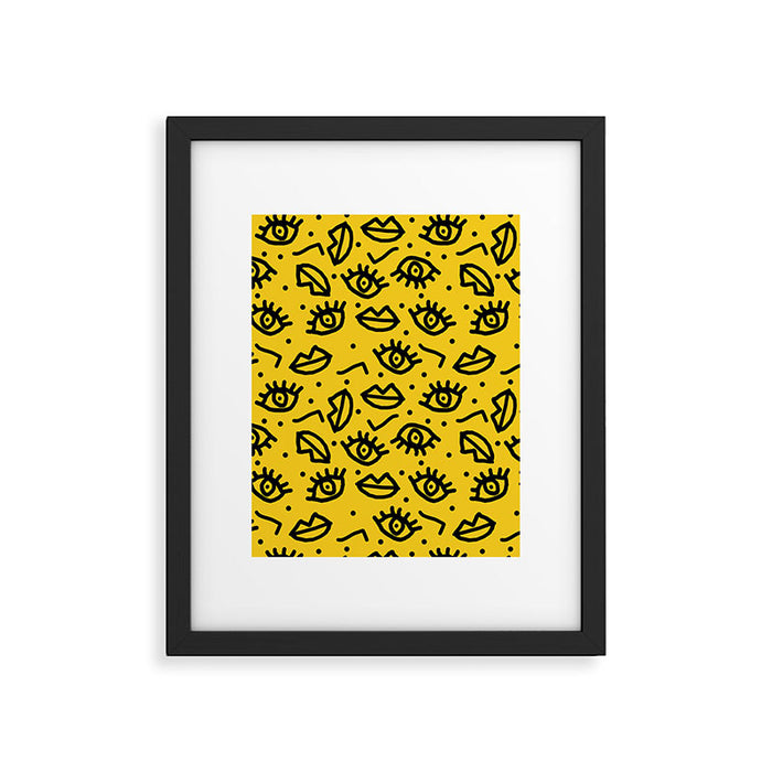Face Time - retro throwback minimal pattern eyes faces 1980s 80s vintage memphis drawing monochrome Framed Art Print Gallery Image 1