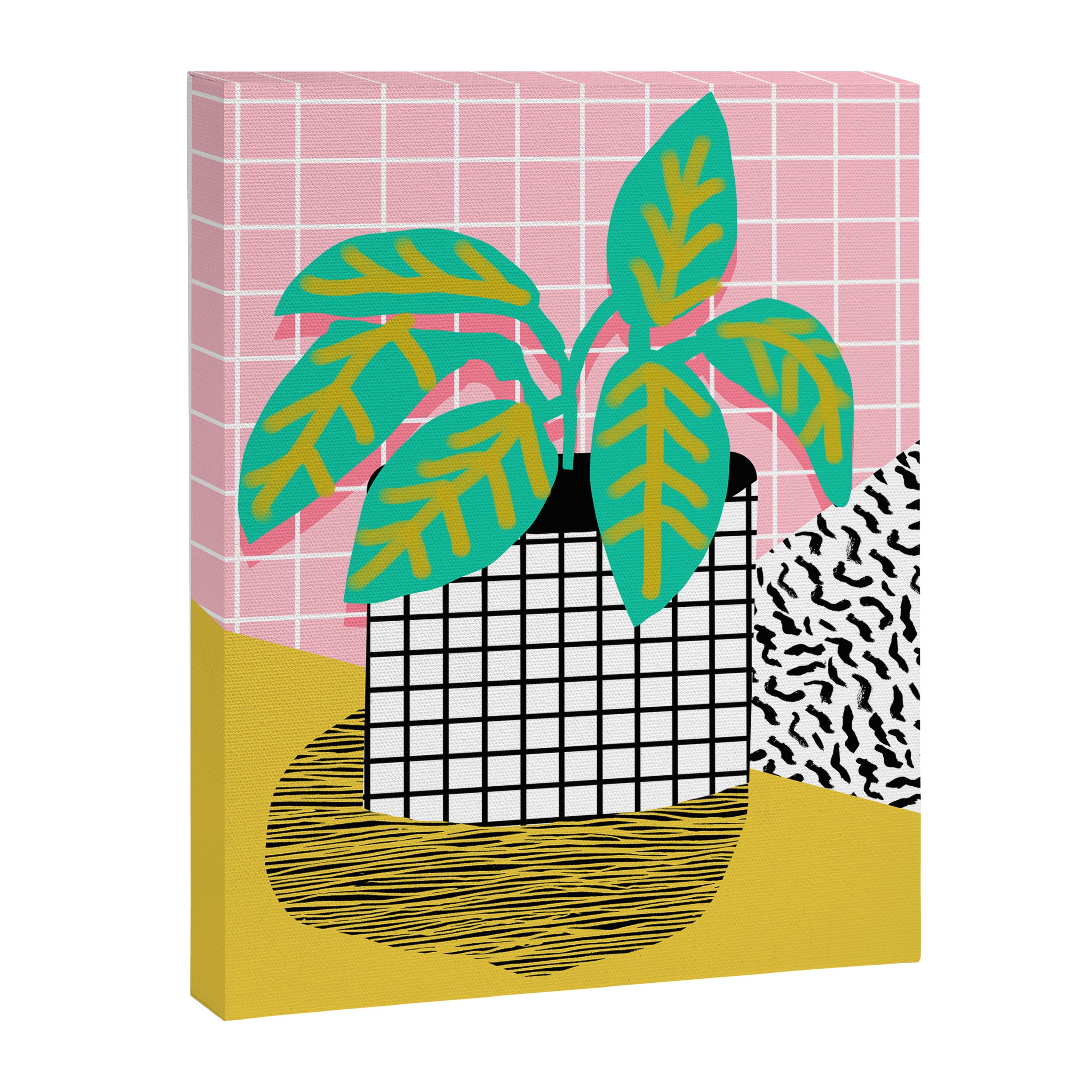 Get Real - potted plant throwback retro neon 1980s style art print minimal abstract grid lines shape Canvas Print Gallery Image 6