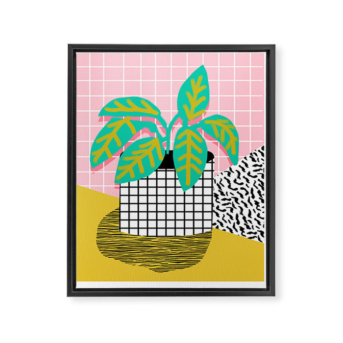 Get Real - potted plant throwback retro neon 1980s style art print minimal abstract grid lines shape Framed Canvas Print Gallery Image 1