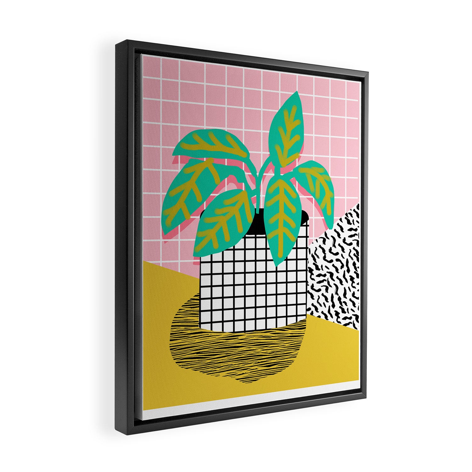 Get Real - potted plant throwback retro neon 1980s style art print minimal abstract grid lines shape Framed Canvas Print Gallery Image 2