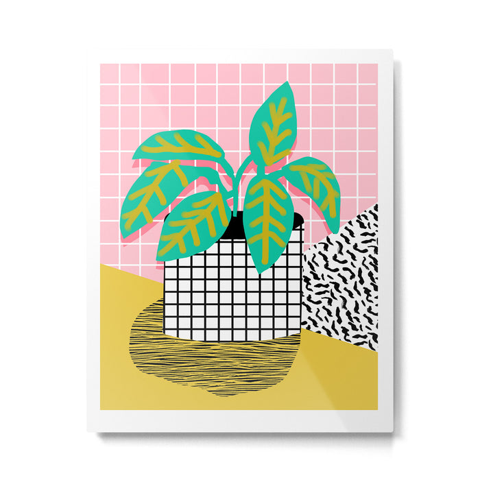 Get Real - potted plant throwback retro neon 1980s style art print minimal abstract grid lines shape Metal Print Gallery Image 1