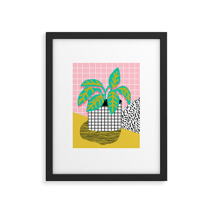 Get Real - potted plant throwback retro neon 1980s style art print minimal abstract grid lines shape Framed Art Print Gallery Image 1