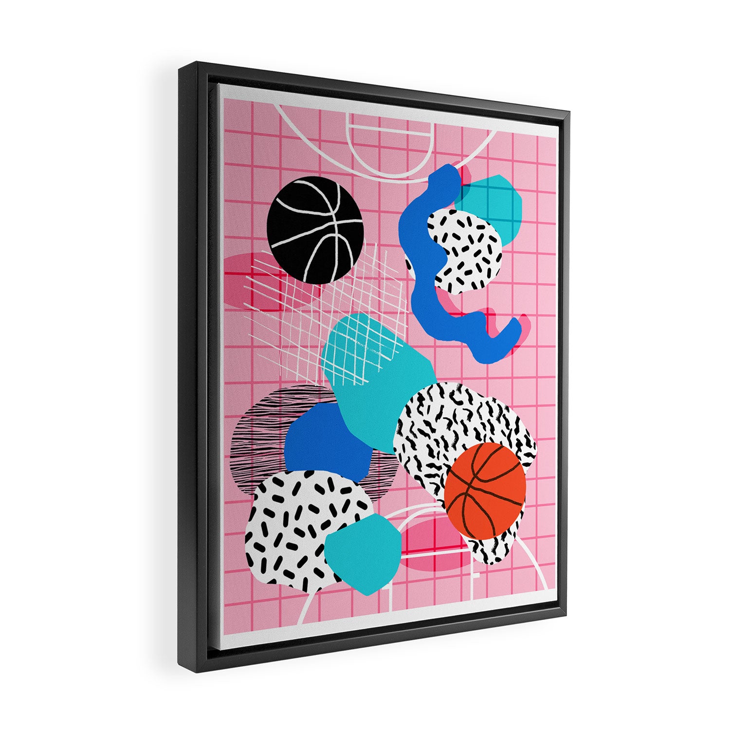 Hot Hand - memphis retro throwback neon grid pattern minimal modern pop art basketball sports Framed Canvas Print Gallery Image 2