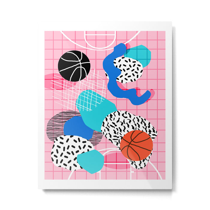 Hot Hand - memphis retro throwback neon grid pattern minimal modern pop art basketball sports Metal Print Gallery Image 1