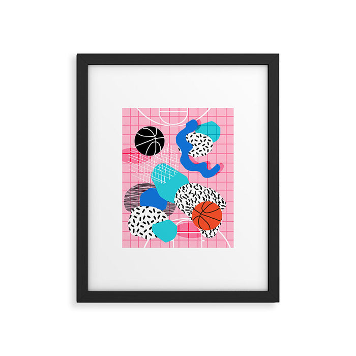Hot Hand - memphis retro throwback neon grid pattern minimal modern pop art basketball sports Framed Art Print Gallery Image 1
