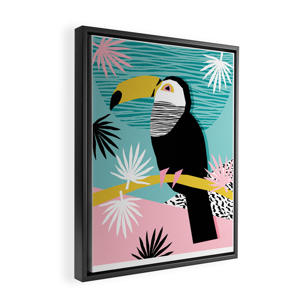 Loopy - wacka designs abstract bird toucan tropical memphis throwback retro neon 1980s style pop art Framed Canvas Print Gallery Image 2