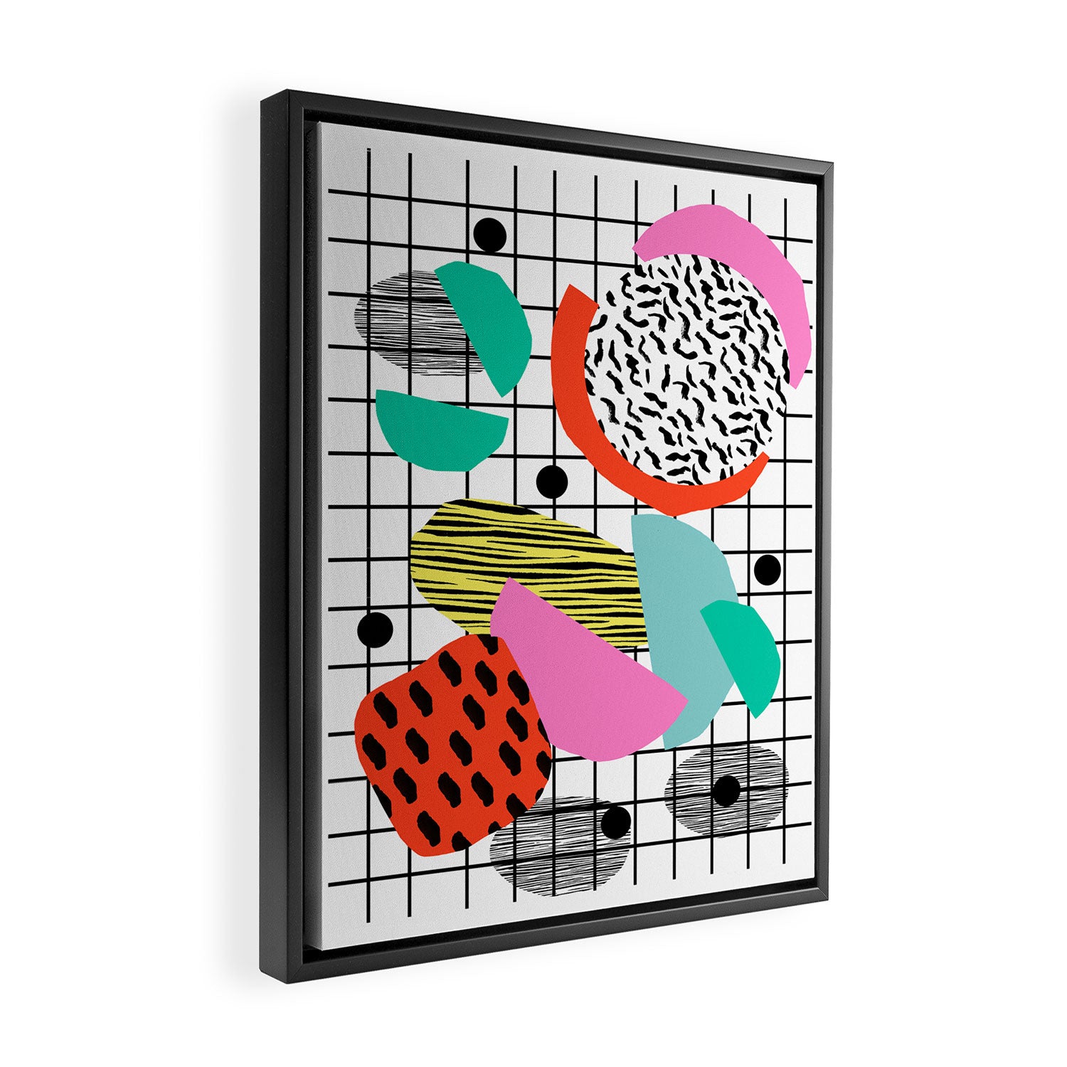 Posse - 1980's style throwback retro neon grid pattern shapes 80's memphis design neon pop art Framed Canvas Print Gallery Image 2
