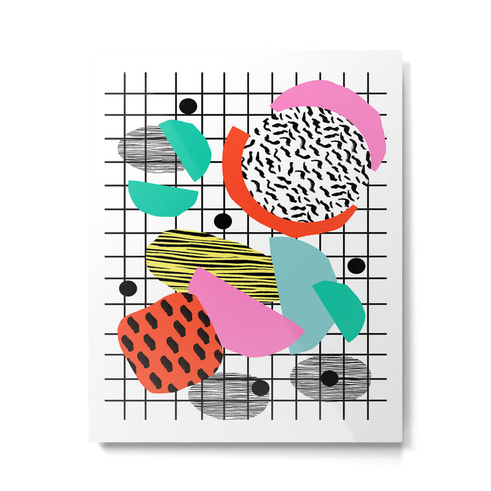 Posse - 1980's style throwback retro neon grid pattern shapes 80's memphis design neon pop art Metal Print Gallery Image 1