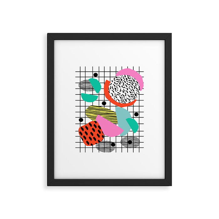 Posse - 1980's style throwback retro neon grid pattern shapes 80's memphis design neon pop art Framed Art Print Gallery Image 1