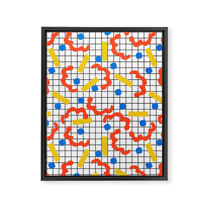 Primal - memphis throwback squiggle circle geometric grid lines dots trendy hipster 80s retro cool Framed Canvas Print Gallery Image 1