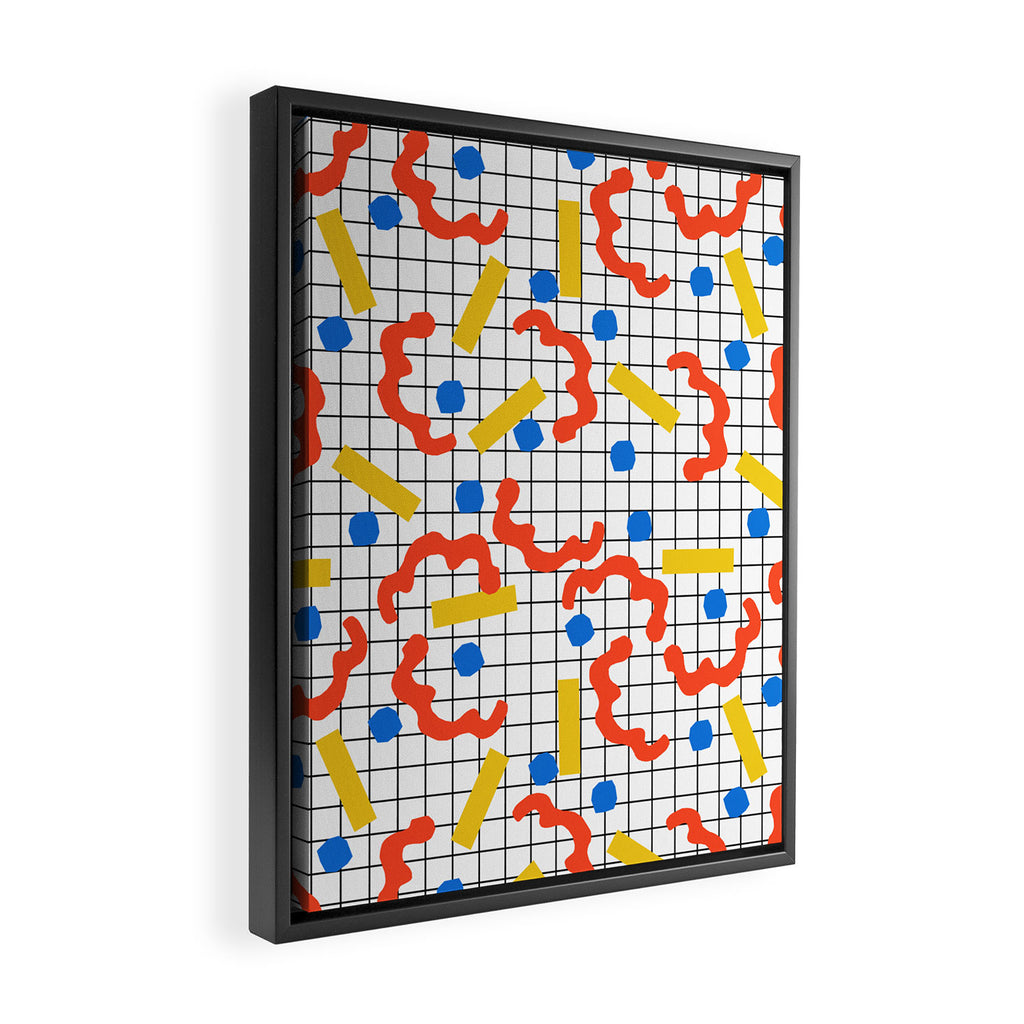 Primal - memphis throwback squiggle circle geometric grid lines dots trendy hipster 80s retro cool Framed Canvas Print Gallery Image 2