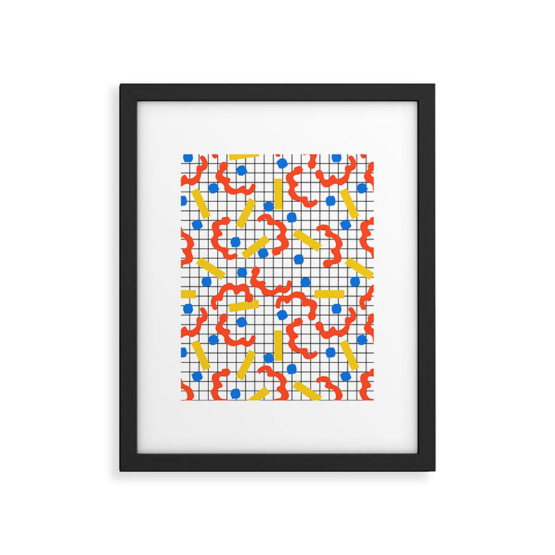 Primal - memphis throwback squiggle circle geometric grid lines dots trendy hipster 80s retro cool Framed Art Print Gallery Image 1