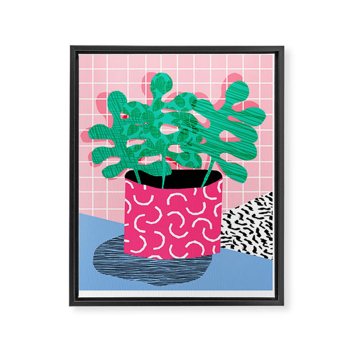 Shredding - indoor house plant pop art grid pattern minimal abstract neon 1980s style memphis retro Framed Canvas Print Gallery Image 1