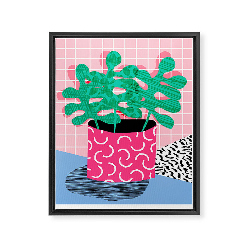 Shredding - indoor house plant pop art grid pattern minimal abstract neon 1980s style memphis retro Framed Canvas Print Gallery Image 6