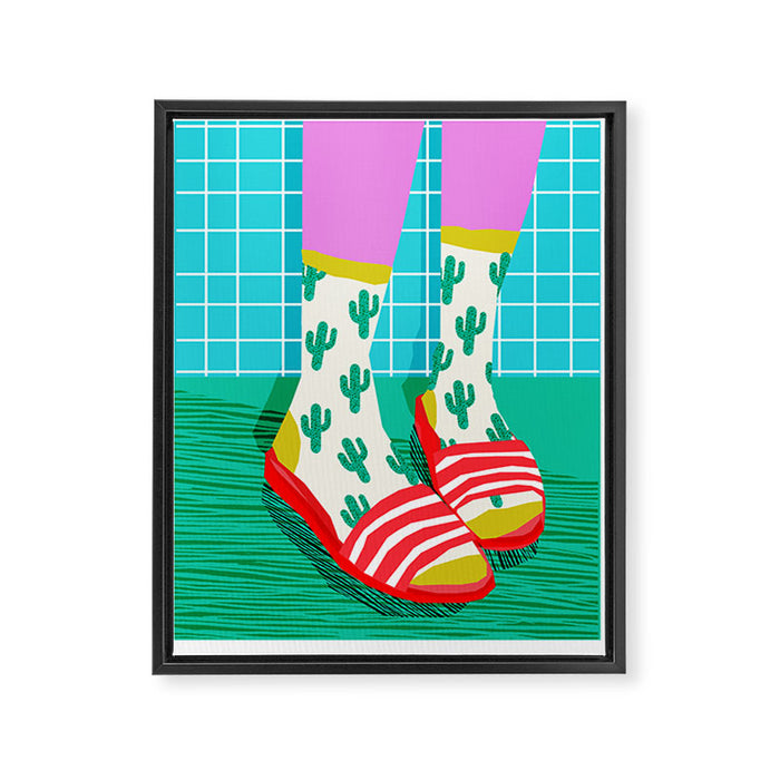 Sliders - memphis throwback retro neon 1980s 80s style pop art shoe fashion grid pattern socks Framed Canvas Print Gallery Image 1