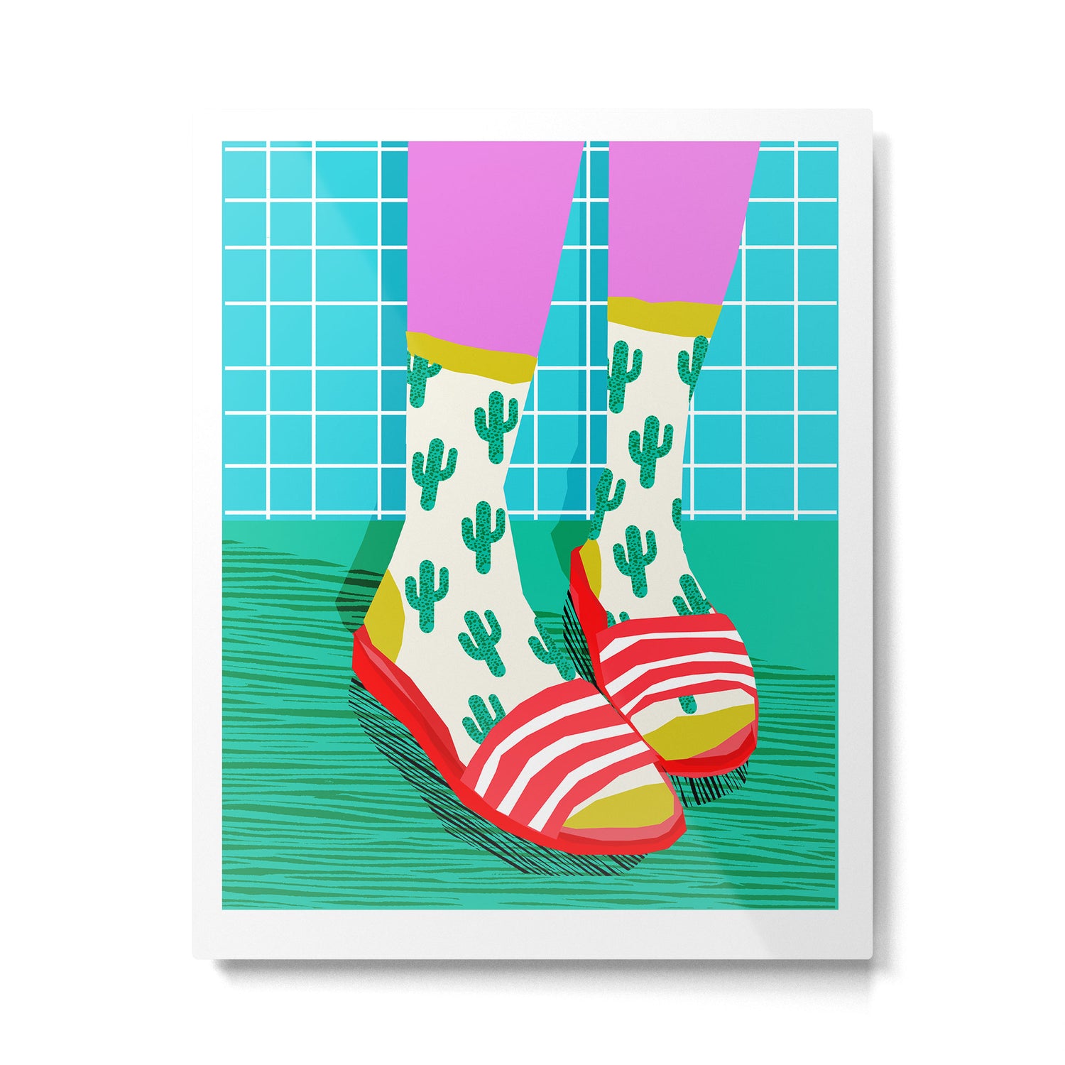 Sliders - memphis throwback retro neon 1980s 80s style pop art shoe fashion grid pattern socks Metal Print Gallery Image 4