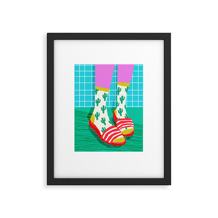 Sliders - memphis throwback retro neon 1980s 80s style pop art shoe fashion grid pattern socks Framed Art Print Gallery Image 1