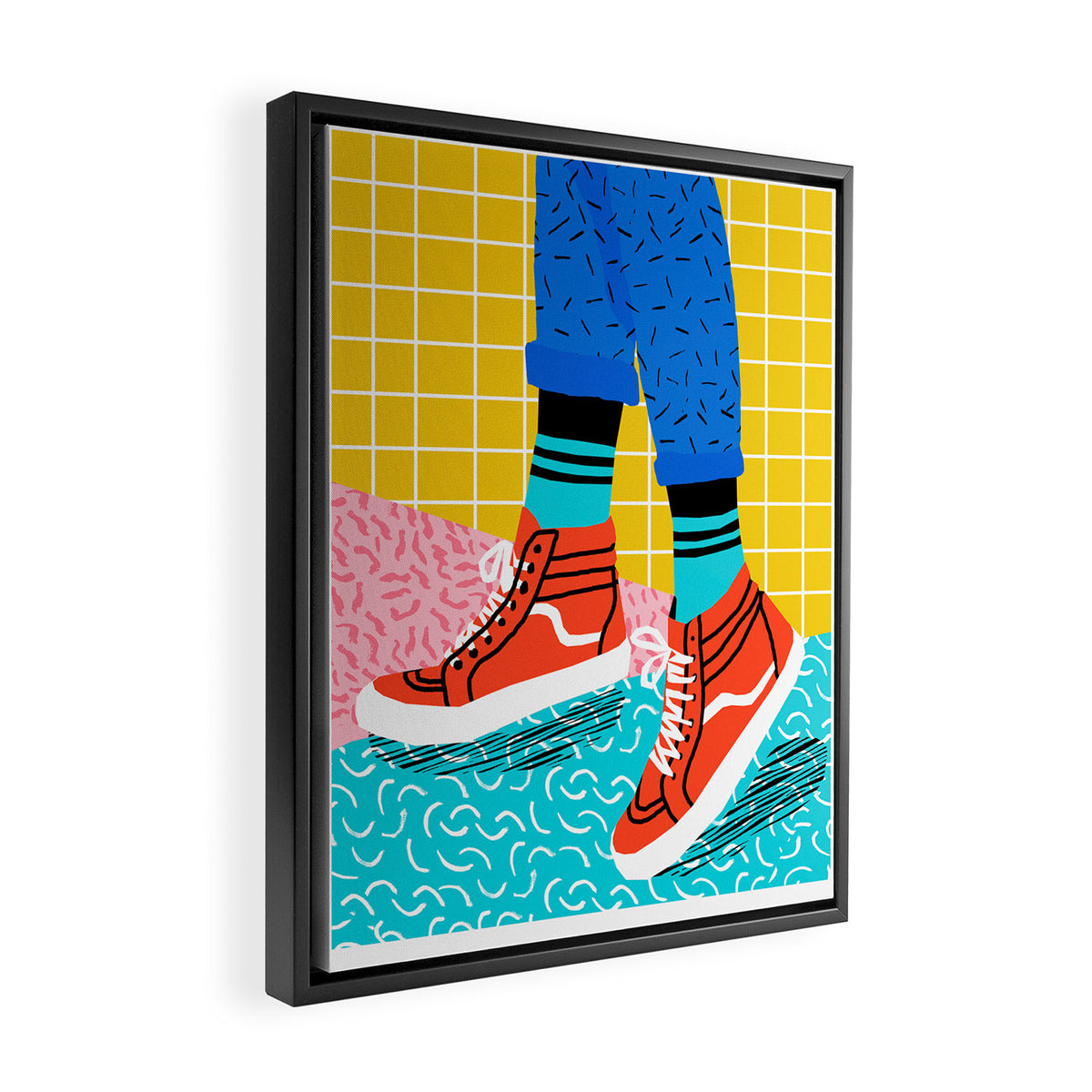 Toe Drag - memphis throwback fashion shoes retro pattern grid pink bright neon hipster Framed Canvas Print Gallery Image 2