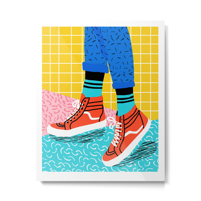 Toe Drag - memphis throwback fashion shoes retro pattern grid pink bright neon hipster Metal Print Gallery Image 1