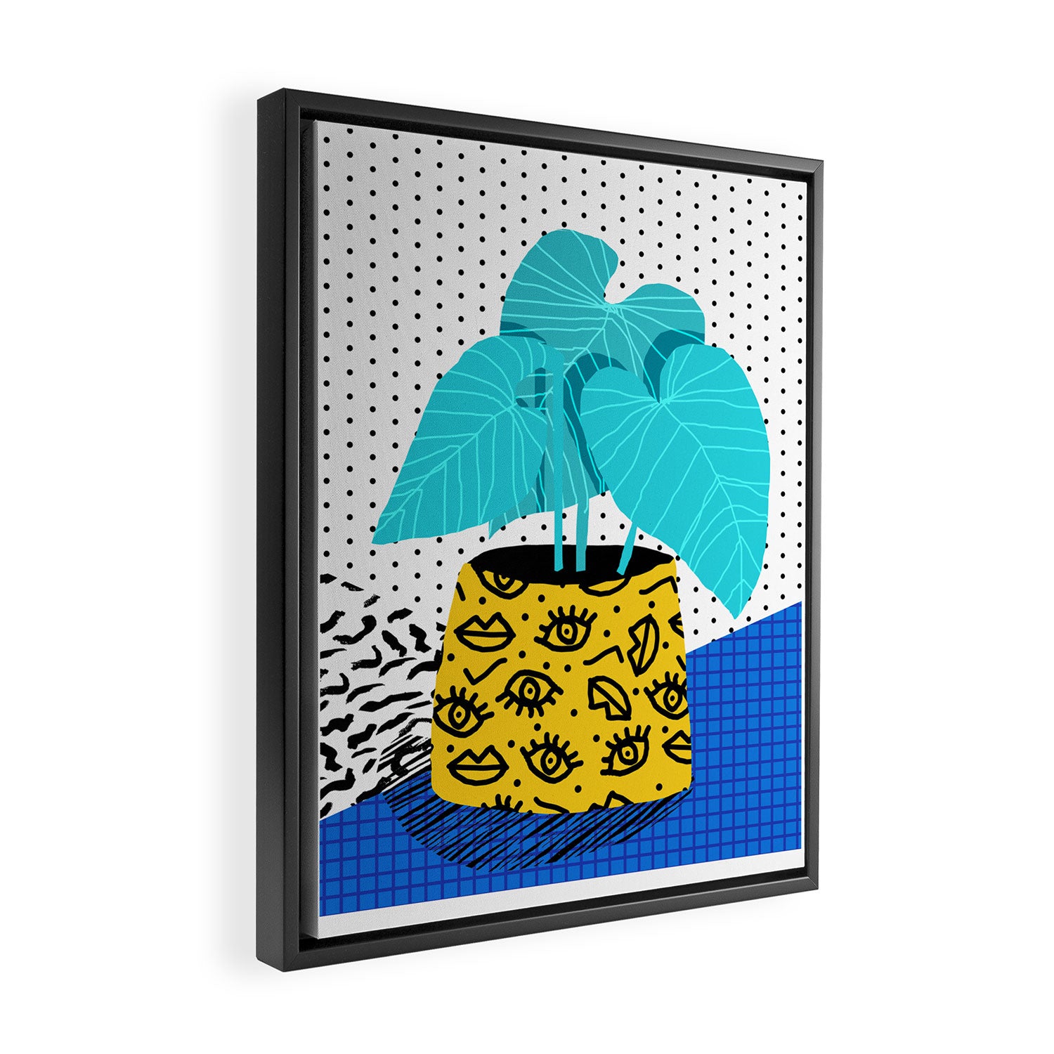 Totes magoats - memphis throwback retro house plant squiggle dot polka dot neon 1980s 80s style art Framed Canvas Print Gallery Image 2