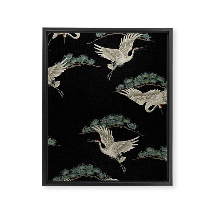 Asian Crane on Black Japanese Woodblock Art Framed Canvas Print Gallery Image 1