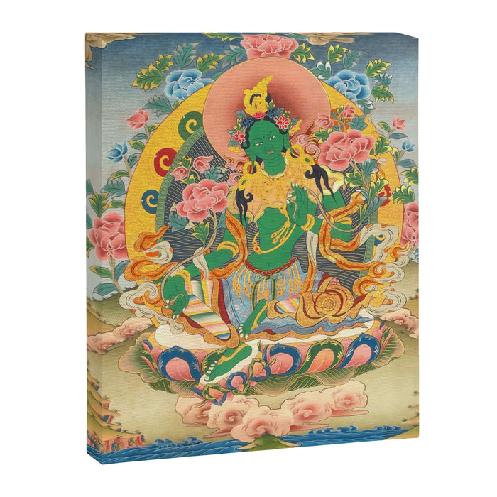 Green Tara On Lotus Throne - Buddhist Thangka Canvas Print Gallery Image 1