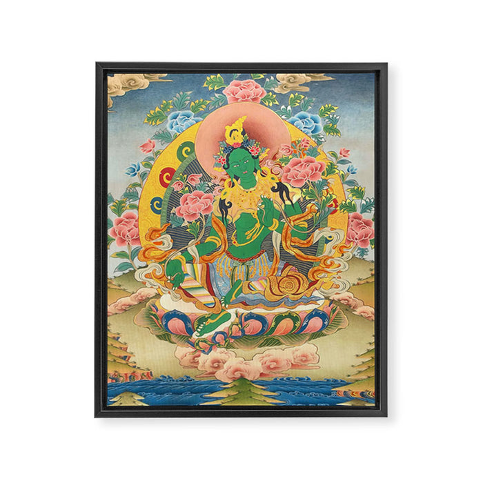 Green Tara On Lotus Throne - Buddhist Thangka Framed Canvas Print Gallery Image 1