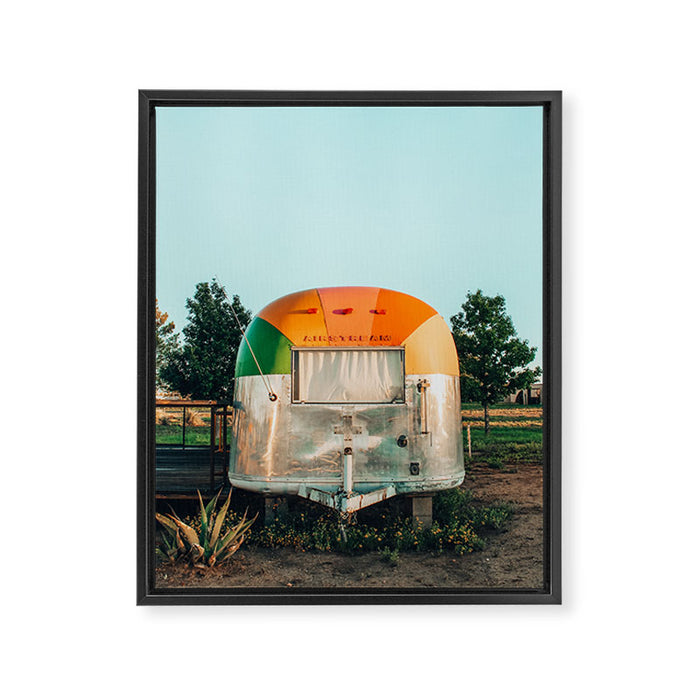 Rainbow trailer in Marfa, West Texas Framed Canvas Print Gallery Image 1