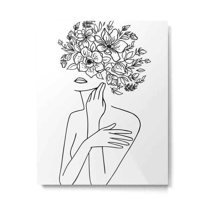 Woman With Flowers Minimal Line Art Metal Print Gallery Image 1