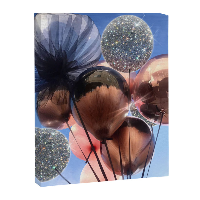 BALLOONS | happy | blue | sky | fly | glitter shine | celebrate | present | sunshine | summer | pink Canvas Print Gallery Image 1