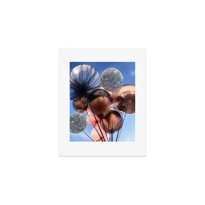 BALLOONS | happy | blue | sky | fly | glitter shine | celebrate | present | sunshine | summer | pink Art Print Gallery Image 1