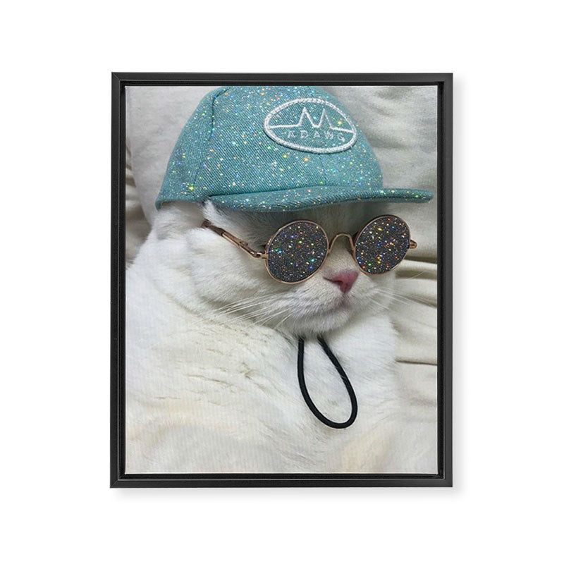 BIG BOSS | cat | blue hat | glasses | sunny | summer | positive vibes | glitter | pet | animal | Framed Canvas Print Gallery Image 8