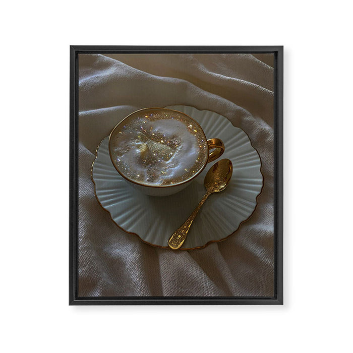 CAPPUCCINO FOR ANYONE? | coffee | morning | aesthetic | Parisian | gold | beige | collage | glitter  Framed Canvas Print Gallery Image 1