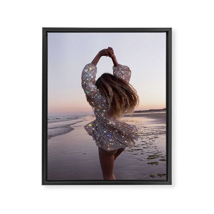 DANCING ON THE BEACH | dance | sunset | summer | dress | glitter | bling |  collage | vibe | happy  Framed Canvas Print Gallery Image 1