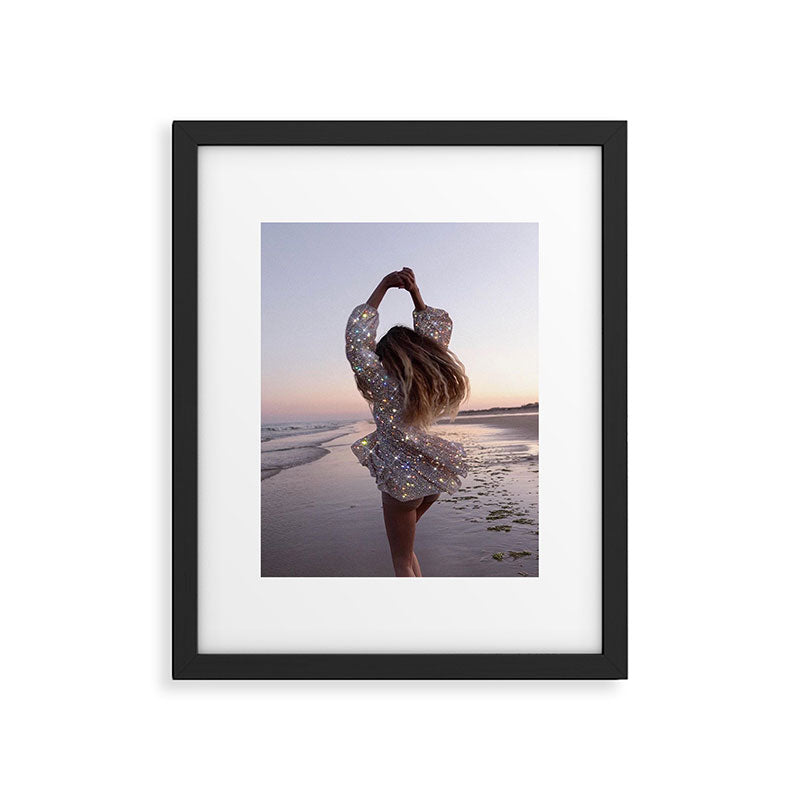 DANCING ON THE BEACH | dance | sunset | summer | dress | glitter | bling |  collage | vibe | happy  Framed Art Print Gallery Image 5