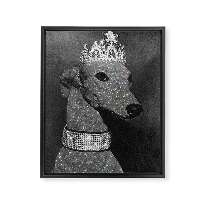 GLITTER QUEEN | art | creative | dog | crown | glamour | style | grey | black and white | diamonds  Framed Canvas Print Gallery Image 1