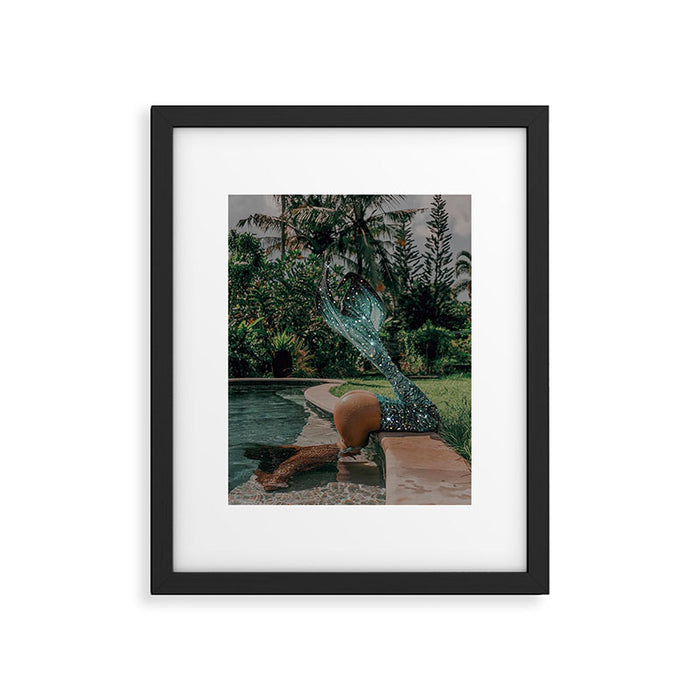 Im OFF | mermaid | tail | green | pool | swim | palm | collage | glitter | bling | tired | sunshine  Framed Art Print Gallery Image 1